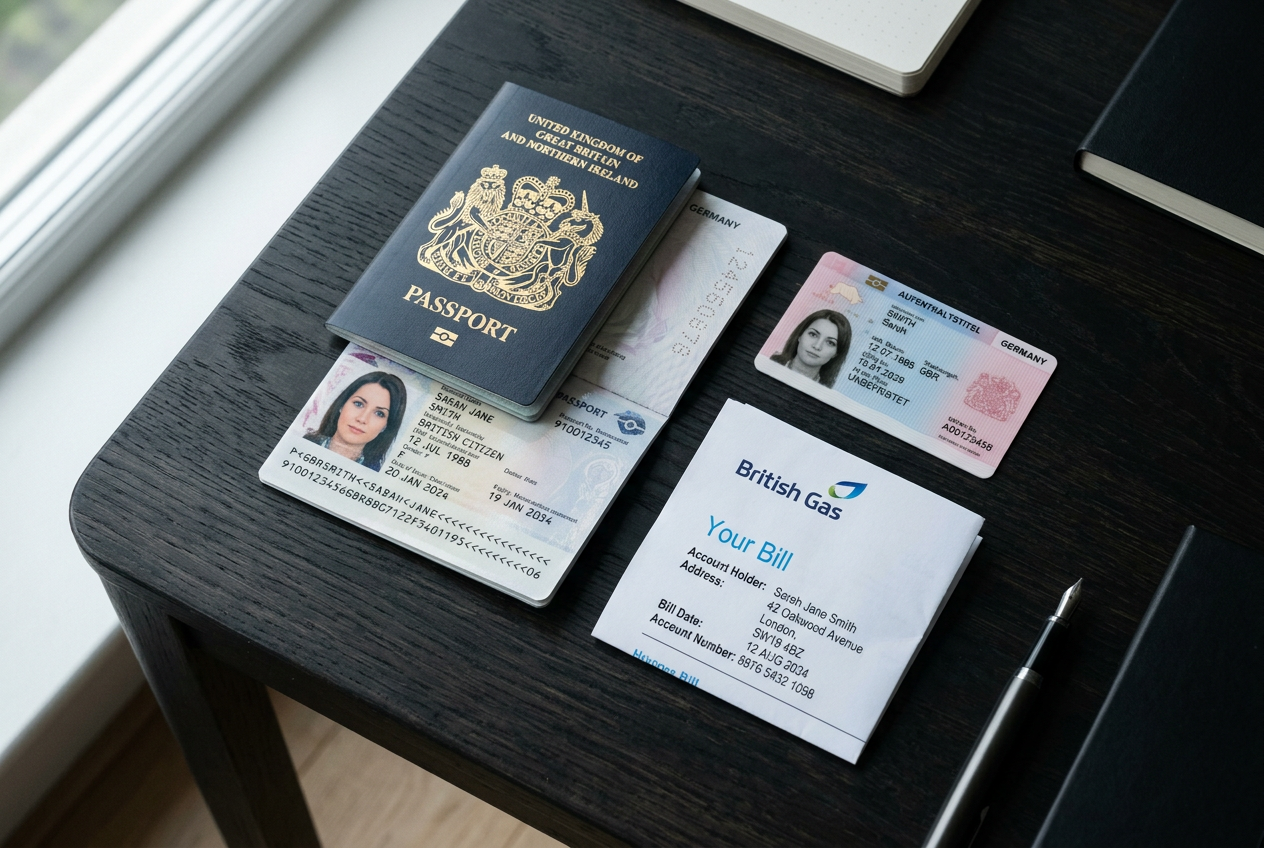 A set of identity documents including a passport and a utility bill on a clean desk.